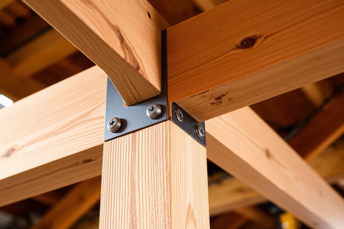 Detail einer Holzverbindung mit Stahlwinkel und Schrauben